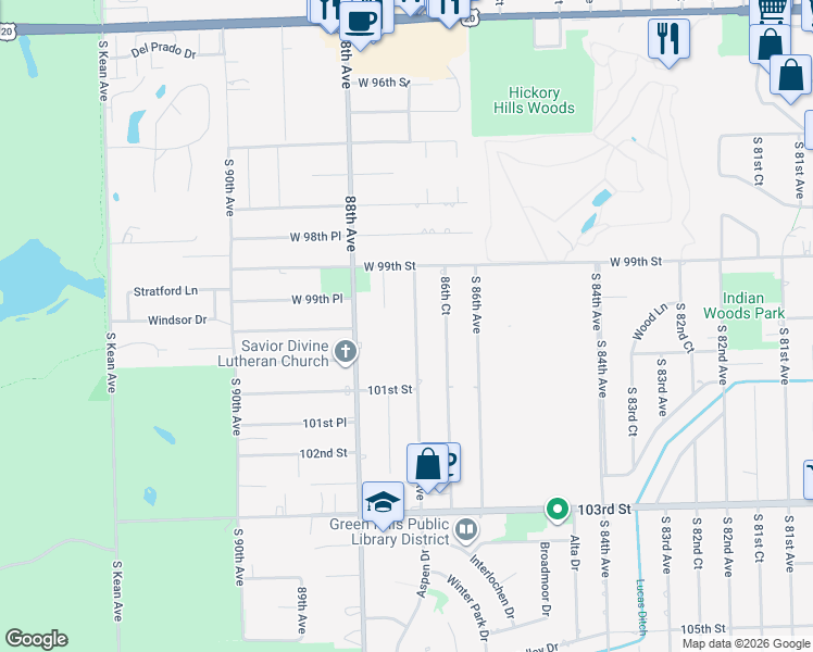 map of restaurants, bars, coffee shops, grocery stores, and more near 10008 South 87th Avenue in Palos Hills
