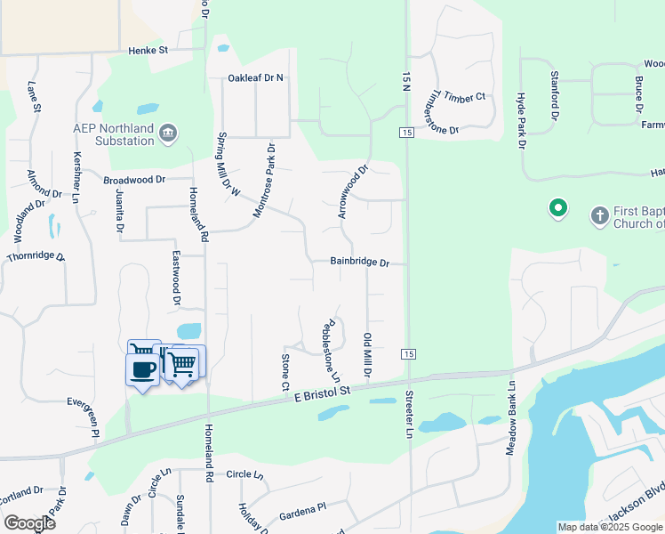map of restaurants, bars, coffee shops, grocery stores, and more near 54075 Bannock Circle in Elkhart