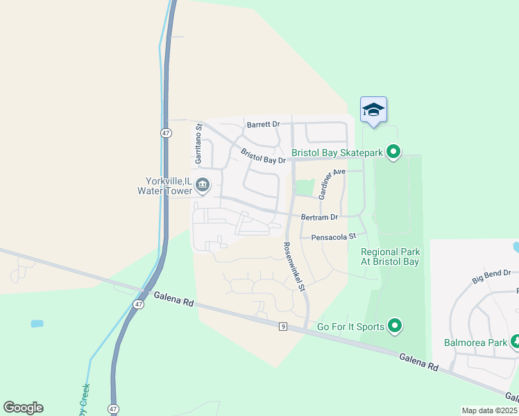 map of restaurants, bars, coffee shops, grocery stores, and more near Bertram Drive in Yorkville