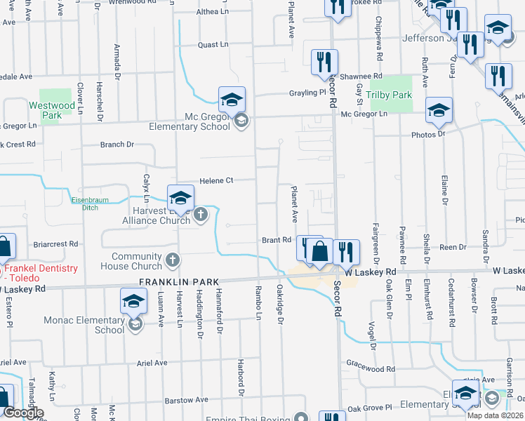 map of restaurants, bars, coffee shops, grocery stores, and more near 5141 Oakridge Drive in Toledo