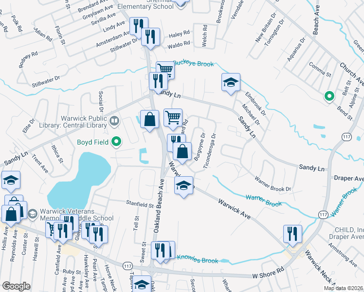 map of restaurants, bars, coffee shops, grocery stores, and more near 256 Vineyard Road in Warwick
