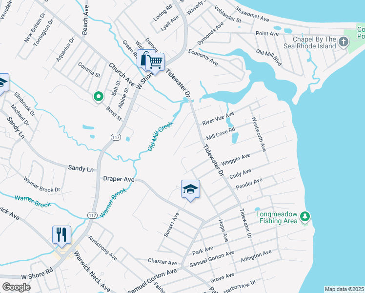 map of restaurants, bars, coffee shops, grocery stores, and more near 259 Mill Cove Road in Warwick