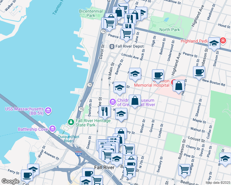 map of restaurants, bars, coffee shops, grocery stores, and more near 507 North Main Street in Fall River