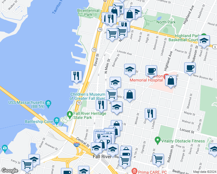 map of restaurants, bars, coffee shops, grocery stores, and more near 507 North Main Street in Fall River