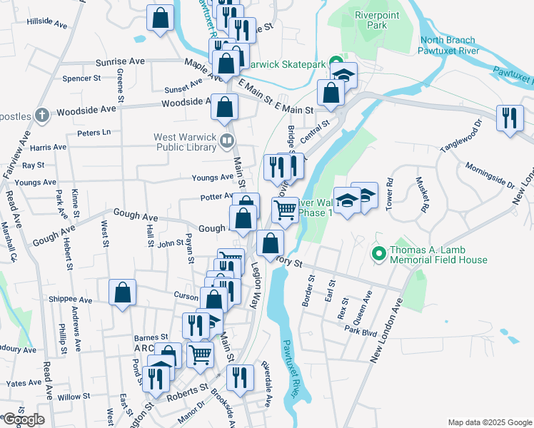 map of restaurants, bars, coffee shops, grocery stores, and more near 26 Providence Street in West Warwick