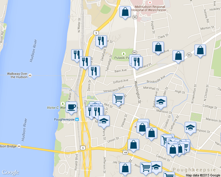 map of restaurants, bars, coffee shops, grocery stores, and more near 27 Verazzano Boulevard in Poughkeepsie