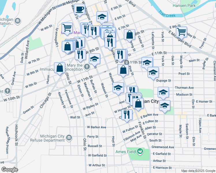 map of restaurants, bars, coffee shops, grocery stores, and more near 1308 Wabash Street in Michigan City