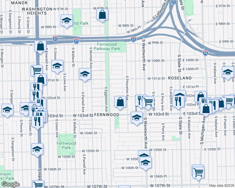 map of restaurants, bars, coffee shops, grocery stores, and more near 314 West 102nd Street in Chicago