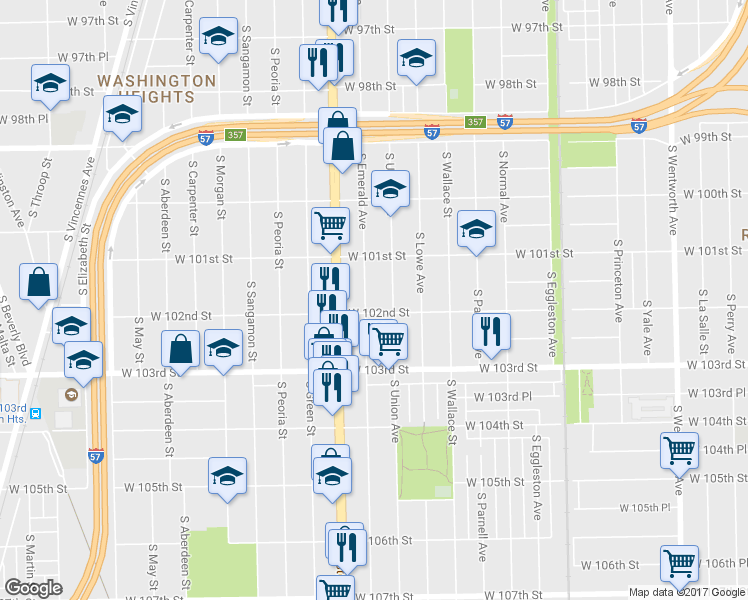 map of restaurants, bars, coffee shops, grocery stores, and more near 10152 South Emerald Avenue in Chicago