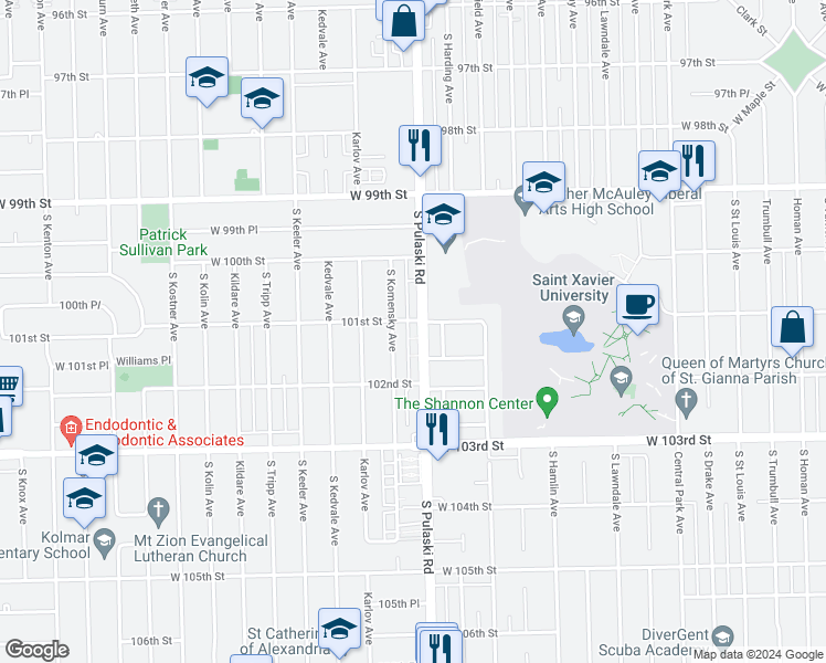 map of restaurants, bars, coffee shops, grocery stores, and more near 10108 South Pulaski Road in Oak Lawn