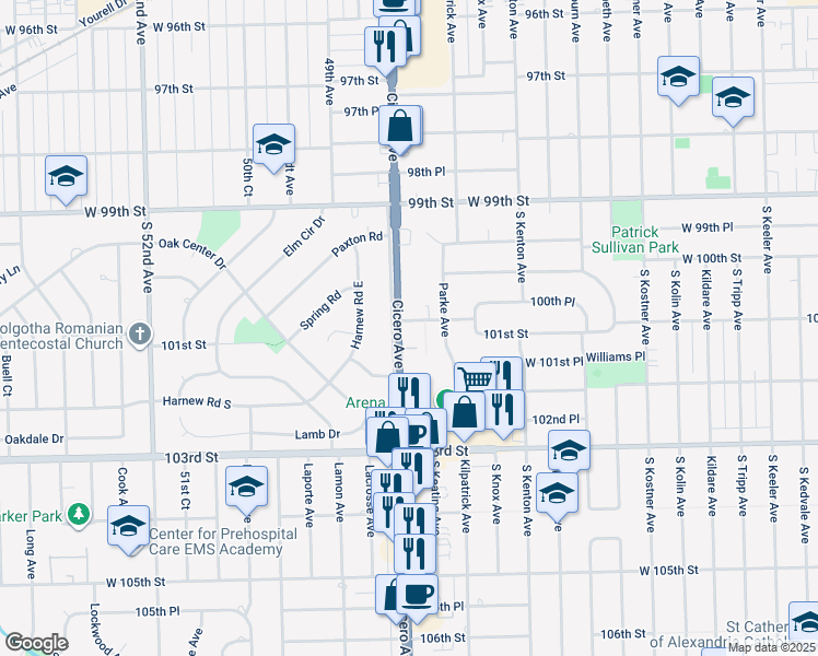 map of restaurants, bars, coffee shops, grocery stores, and more near 4743 101st Street in Oak Lawn