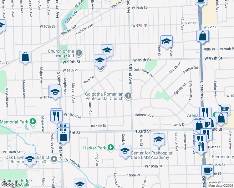map of restaurants, bars, coffee shops, grocery stores, and more near 10100 Cook Avenue in Oak Lawn