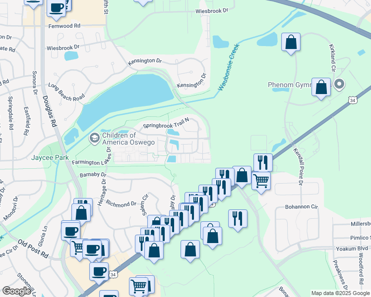 map of restaurants, bars, coffee shops, grocery stores, and more near 249 Springbrook Trail South in Oswego