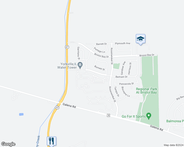 map of restaurants, bars, coffee shops, grocery stores, and more near 138 Bertram Drive in Yorkville
