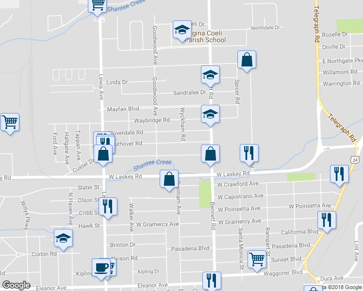 map of restaurants, bars, coffee shops, grocery stores, and more near 619 Southover Road in Toledo
