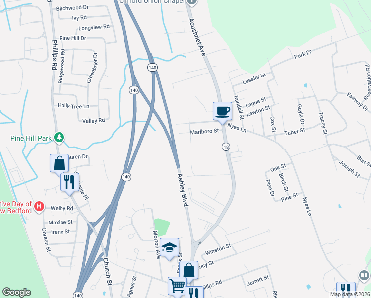 map of restaurants, bars, coffee shops, grocery stores, and more near 1199 Bartlett Street in New Bedford