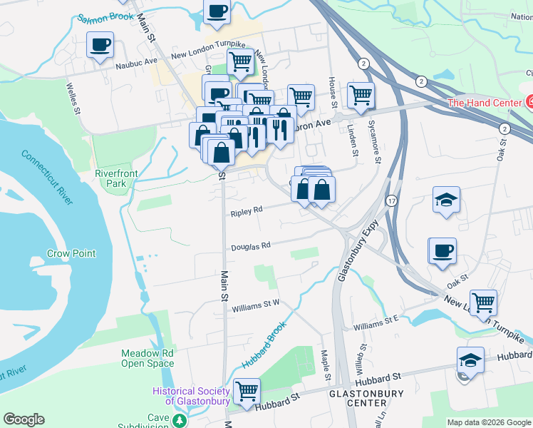map of restaurants, bars, coffee shops, grocery stores, and more near 27 Carter Lane in Glastonbury