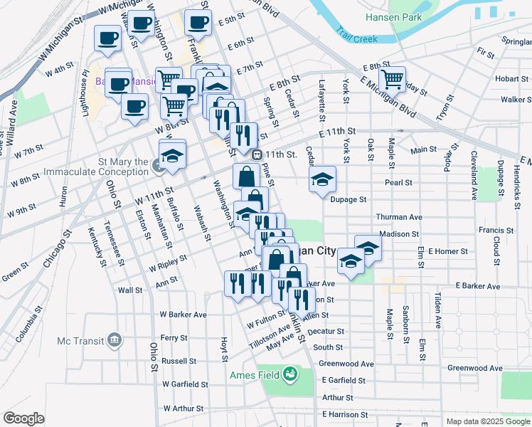 map of restaurants, bars, coffee shops, grocery stores, and more near 112 East Ripley Street in Michigan City