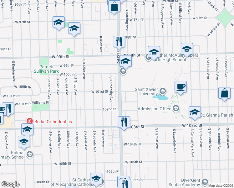 map of restaurants, bars, coffee shops, grocery stores, and more near 10108 South Pulaski Road in Oak Lawn