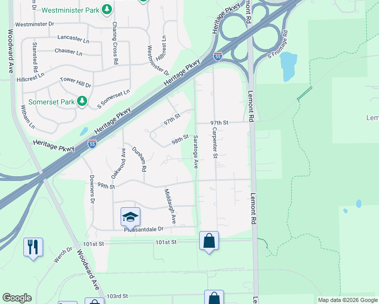 map of restaurants, bars, coffee shops, grocery stores, and more near 20W050 98th Place in Lemont