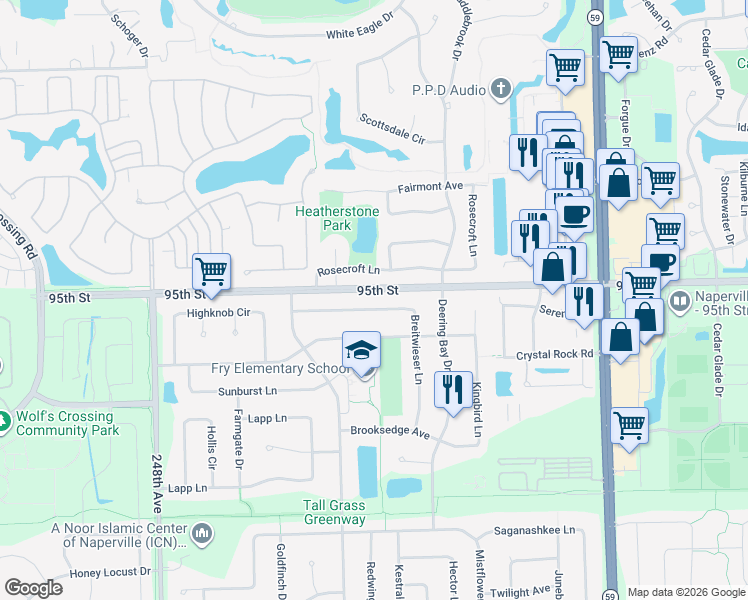 map of restaurants, bars, coffee shops, grocery stores, and more near 3533 Breitwieser Lane in Naperville
