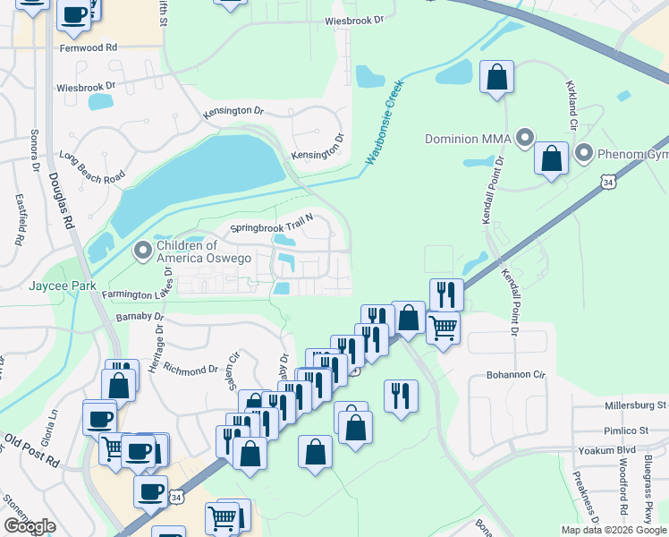 map of restaurants, bars, coffee shops, grocery stores, and more near 246 Springbrook Trail South in Oswego
