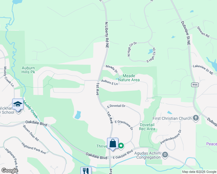 map of restaurants, bars, coffee shops, grocery stores, and more near 32 Auburn E in Coralville