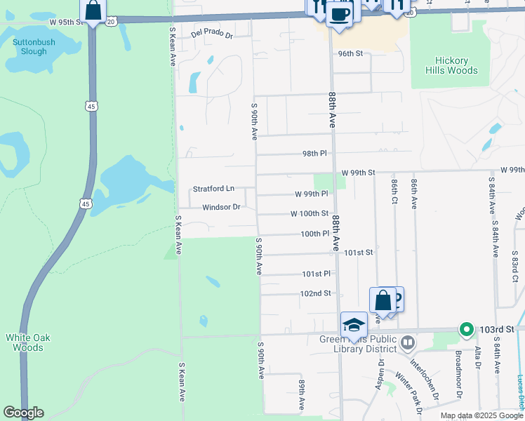 map of restaurants, bars, coffee shops, grocery stores, and more near 8960 West 100th Street in Palos Hills