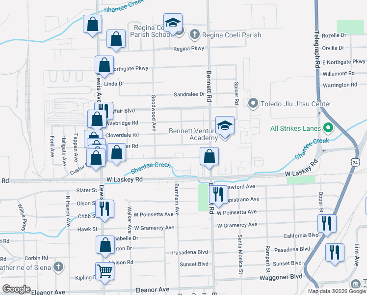 map of restaurants, bars, coffee shops, grocery stores, and more near 608 Custer Drive in Toledo