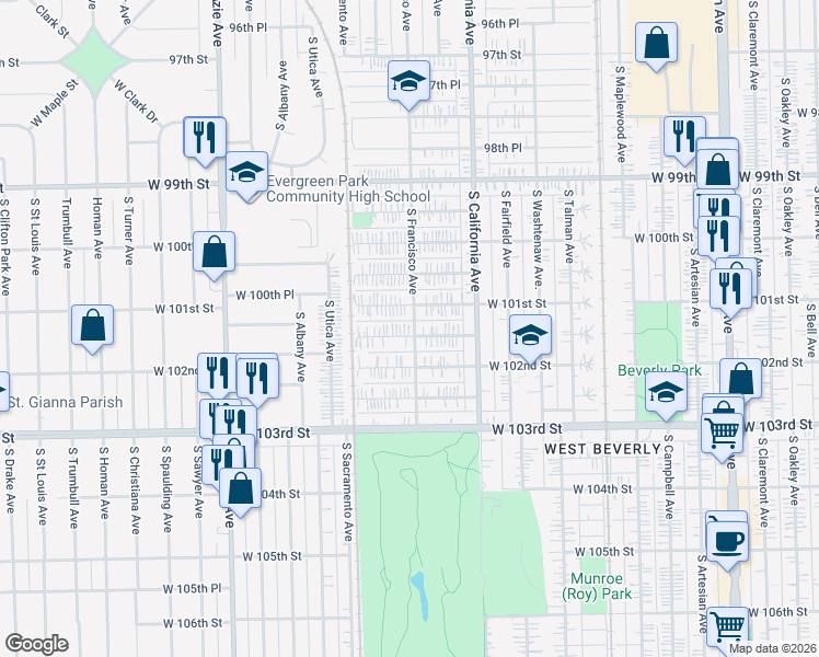 map of restaurants, bars, coffee shops, grocery stores, and more near 2900 West 101st Place in Evergreen Park