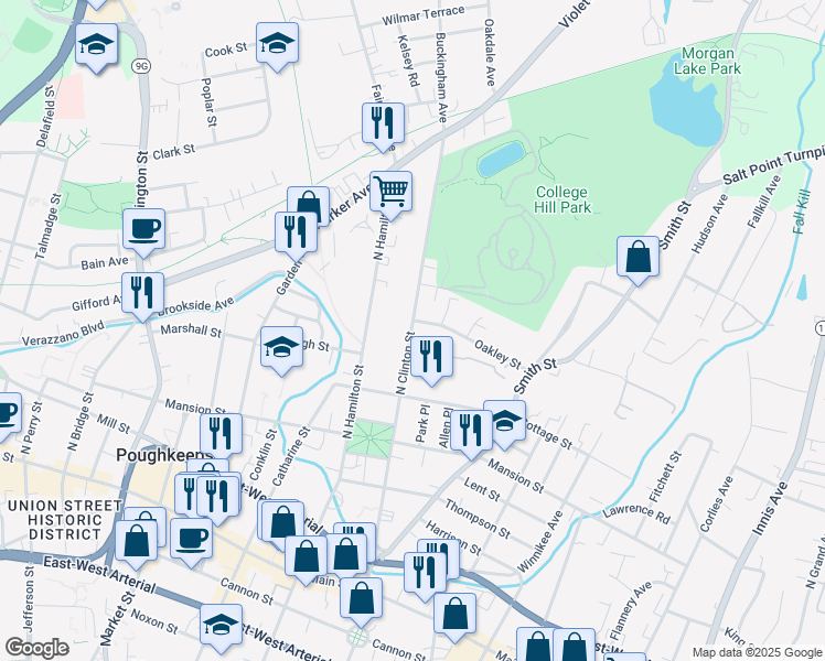 map of restaurants, bars, coffee shops, grocery stores, and more near 123 N Clinton St in Poughkeepsie