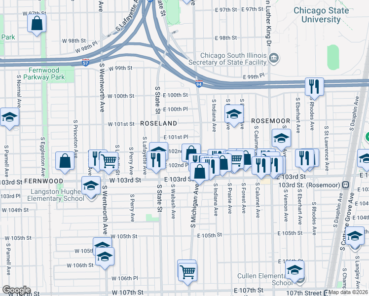 map of restaurants, bars, coffee shops, grocery stores, and more near 60 East 102nd Street in Chicago