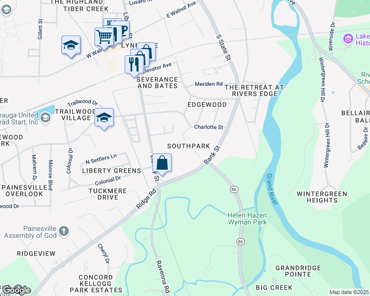 map of restaurants, bars, coffee shops, grocery stores, and more near 850 Marshall Drive in Painesville