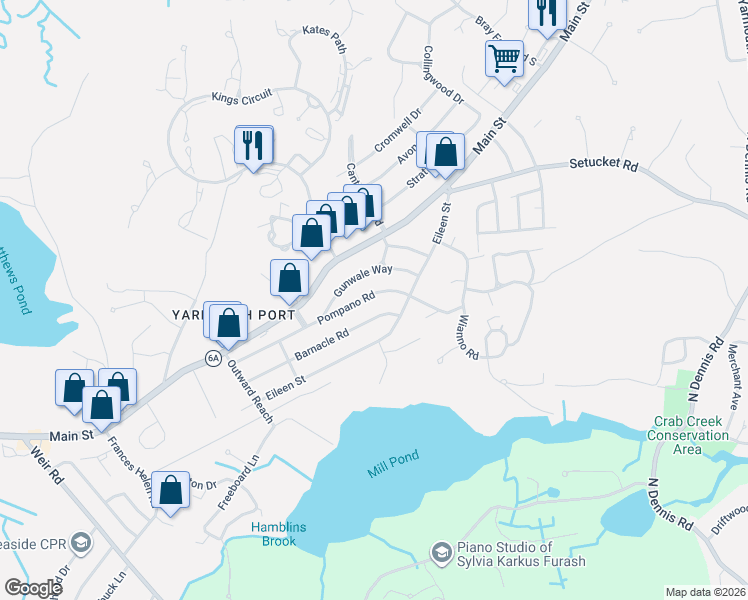 map of restaurants, bars, coffee shops, grocery stores, and more near 82 Barnacle Road in Yarmouth