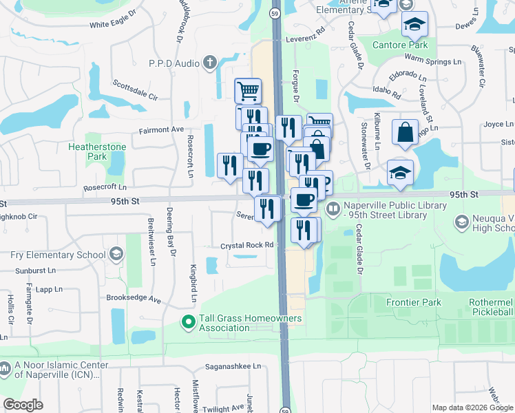 map of restaurants, bars, coffee shops, grocery stores, and more near 3012 Reflection Drive in Naperville
