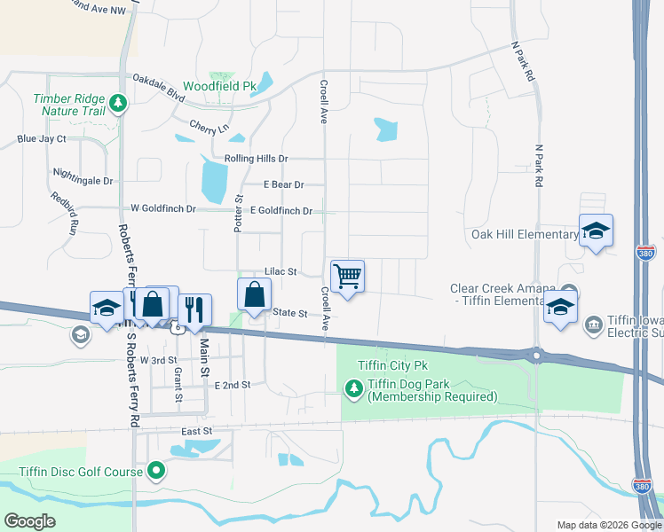 map of restaurants, bars, coffee shops, grocery stores, and more near 594 North Croell Avenue in Tiffin