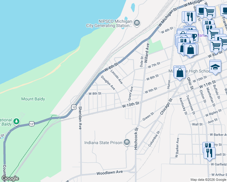 map of restaurants, bars, coffee shops, grocery stores, and more near 1410 West 8th Street in Michigan City