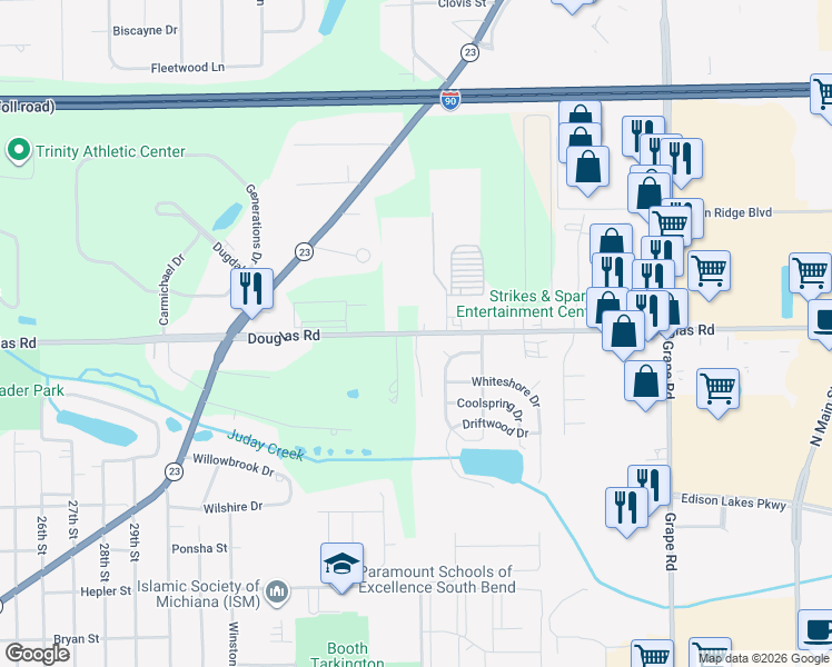 map of restaurants, bars, coffee shops, grocery stores, and more near 17000 Douglas Road in South Bend