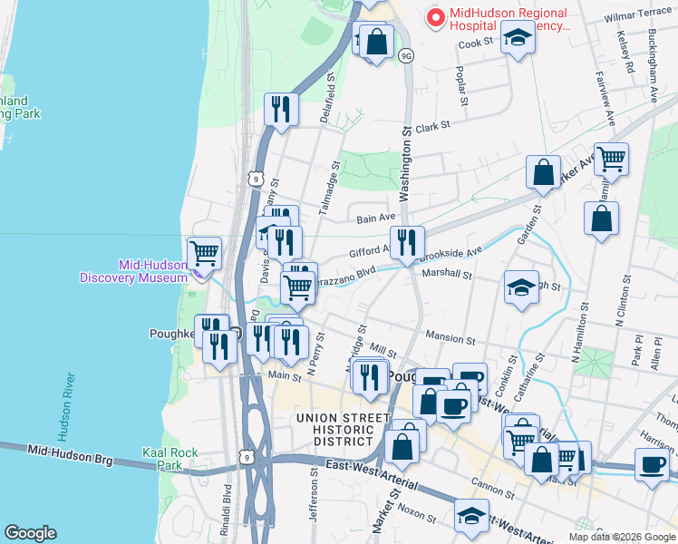 map of restaurants, bars, coffee shops, grocery stores, and more near 37 Verazzano Boulevard in Poughkeepsie