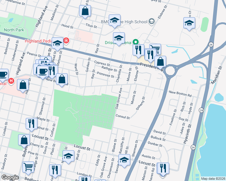 map of restaurants, bars, coffee shops, grocery stores, and more near 90 Williamson Street in Fall River