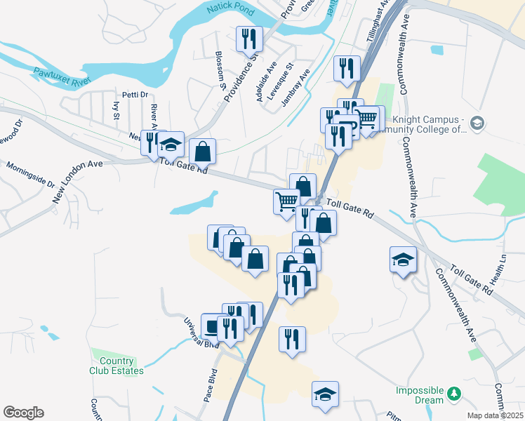map of restaurants, bars, coffee shops, grocery stores, and more near 936R Toll Gate Road in Warwick