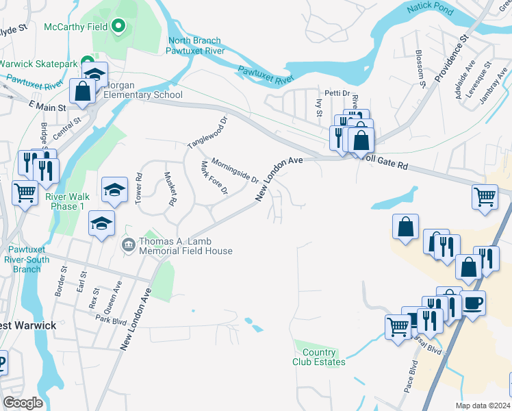 map of restaurants, bars, coffee shops, grocery stores, and more near 325 New London Avenue in Warwick