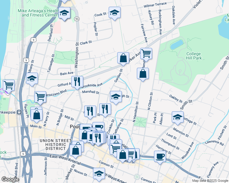 map of restaurants, bars, coffee shops, grocery stores, and more near 6 High Street in Poughkeepsie