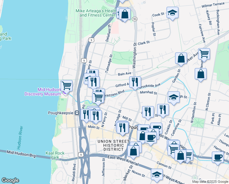 map of restaurants, bars, coffee shops, grocery stores, and more near 49 Verazzano Boulevard in Poughkeepsie