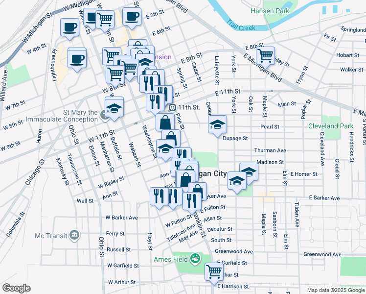 map of restaurants, bars, coffee shops, grocery stores, and more near 112 East Ripley Street in Michigan City