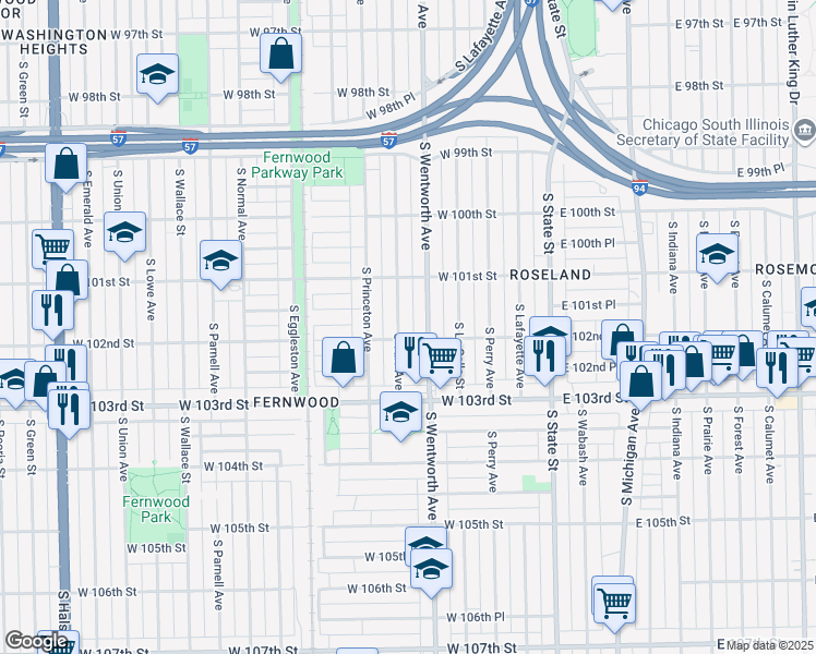 map of restaurants, bars, coffee shops, grocery stores, and more near 10156 South Wentworth Avenue in Chicago