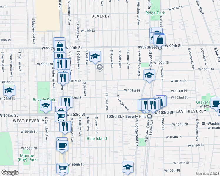 map of restaurants, bars, coffee shops, grocery stores, and more near 10137 South Hoyne Avenue in Chicago