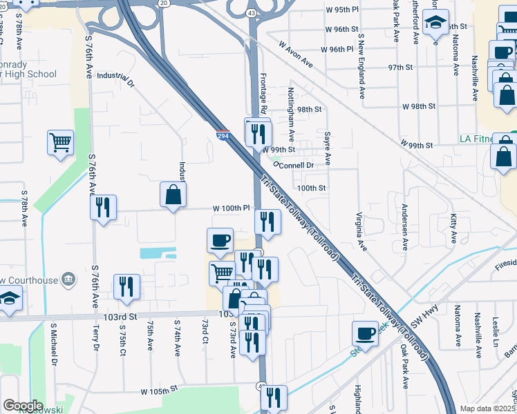 map of restaurants, bars, coffee shops, grocery stores, and more near 10009-10029 Harlem Avenue in Chicago Ridge