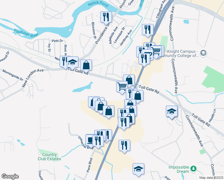 map of restaurants, bars, coffee shops, grocery stores, and more near 936R Toll Gate Road in Warwick