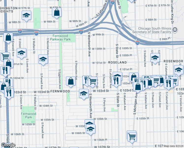 map of restaurants, bars, coffee shops, grocery stores, and more near 10149 South Wentworth Avenue in Chicago